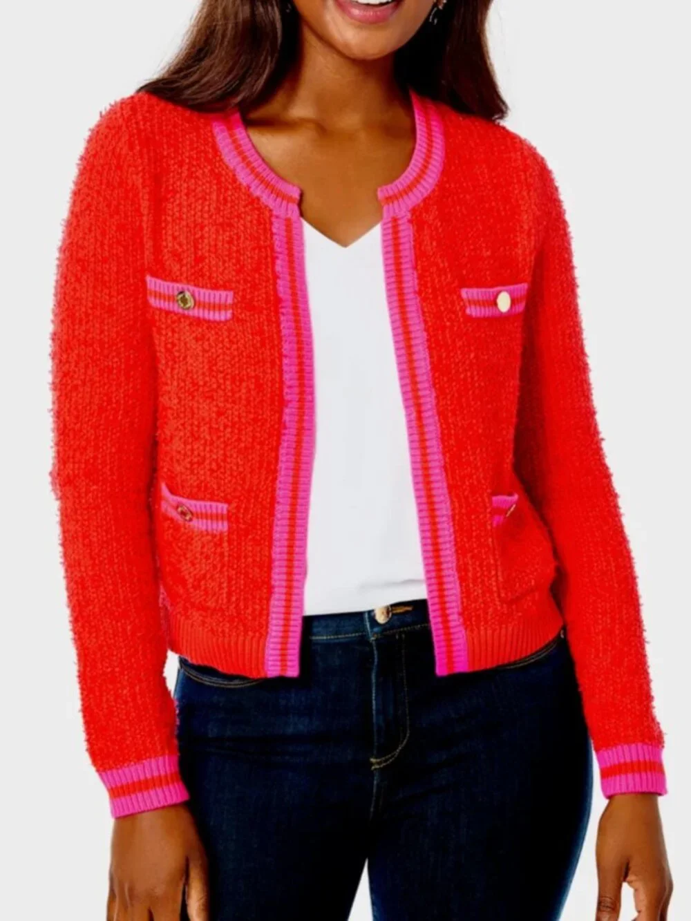 Lilly Pulitzer Nalayna Bouclé Cardigan Size XL Fuzzy Preppy Pocket Cozy Layering